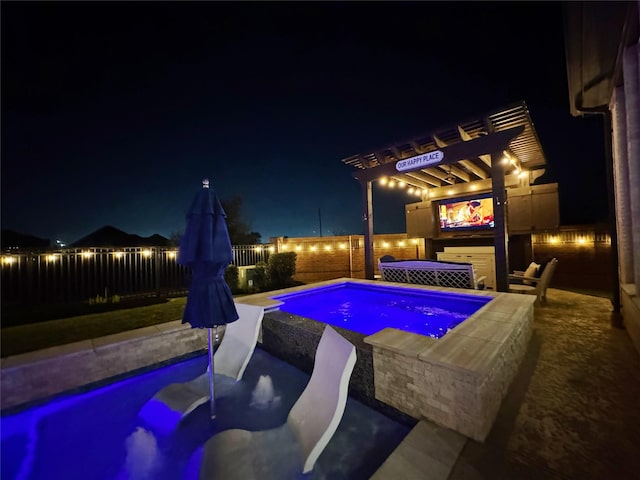 23935 Birchwood Lake Ln, Katy, TX 77493 - pool at twilight with a fenced in pool, a fenced backyard, a jacuzzi, and a pergola