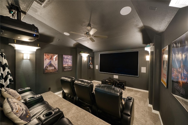 23935 Birchwood Lake Ln, Katy, TX 77493 - cinema featuring a ceiling fan, a textured ceiling, vaulted ceiling, and carpet