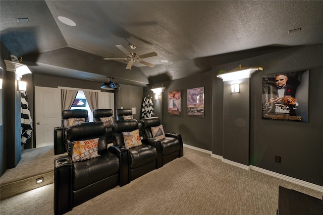 23935 Birchwood Lake Ln, Katy, TX 77493 - carpeted cinema room with a textured ceiling, ceiling fan, and lofted ceiling