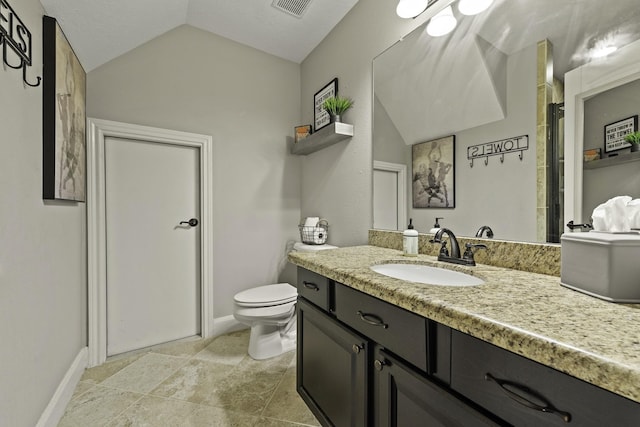 full bathroom featuring vanity, toilet, baseboards, lofted ceiling, and visible vents