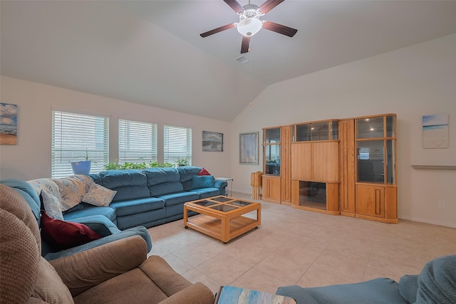 2903 Blue Mist Bnd, Brookshire, TX 77423 - living area featuring light tile patterned floors, a ceiling fan, baseboards, and high vaulted ceiling