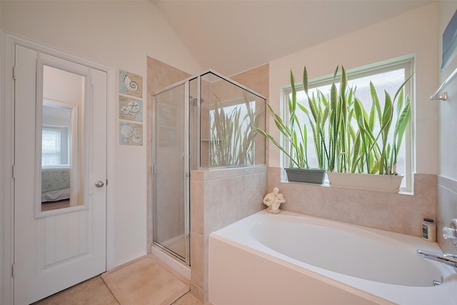 2903 Blue Mist Bnd, Brookshire, TX 77423 - bathroom featuring a stall shower, a garden tub, vaulted ceiling, and connected bathroom