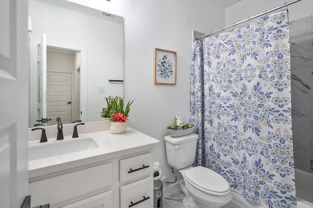 full bath featuring vanity, shower / tub combo, toilet, and visible vents