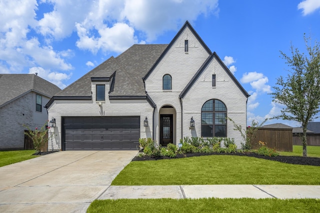 french country inspired facade featuring fence, brick siding, a garage, a front yard, and driveway