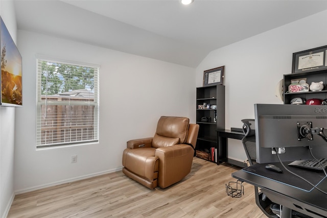 21623 Mount Frisell Ln, Porter, TX 77365 - office area with baseboards, vaulted ceiling, and light wood finished floors