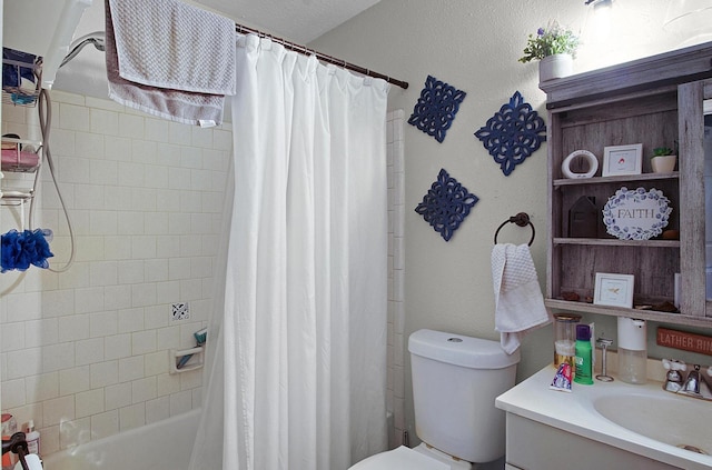 bathroom featuring toilet, shower / bath combination with curtain, and vanity