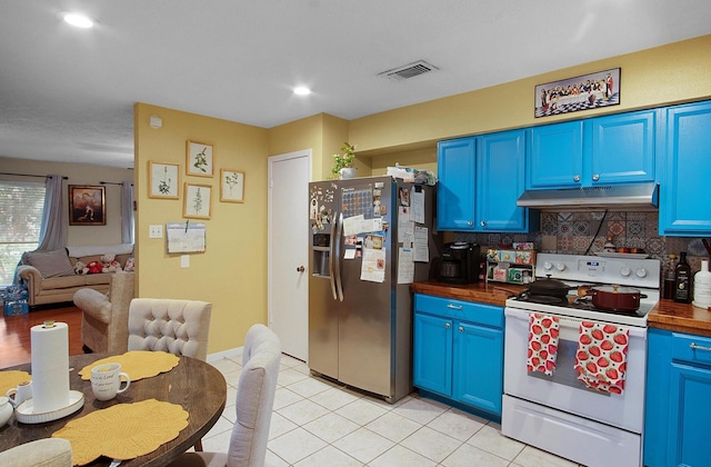 kitchen with backsplash, blue cabinets, white electric range, stainless steel fridge with ice dispenser, and under cabinet range hood