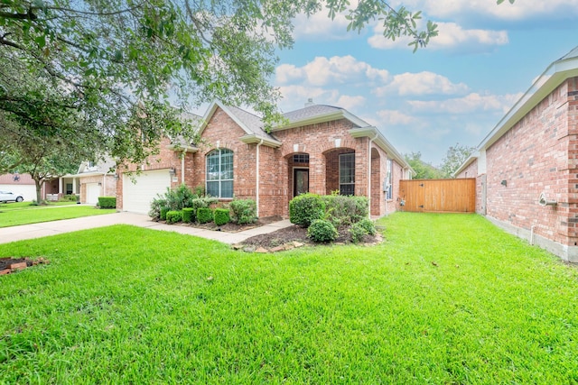 view of front facade featuring driveway, a garage, brick siding, fence, and a front lawn
