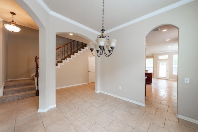 unfurnished dining area featuring light tile patterned floors, ornamental molding, stairs, and visible vents