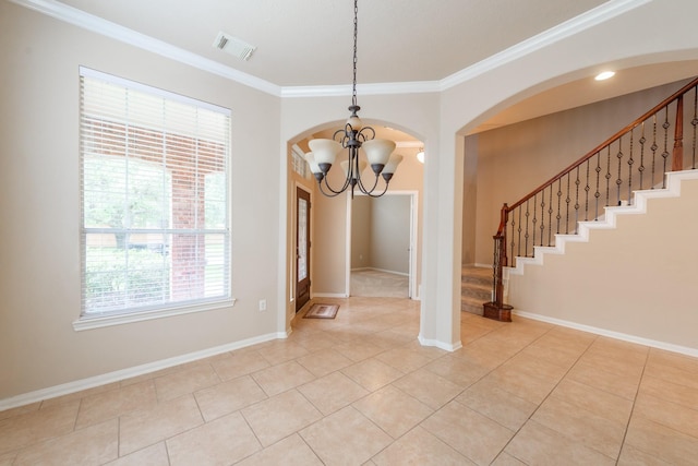 unfurnished dining area with crown molding, a chandelier, visible vents, and stairs