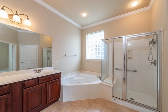 full bathroom with vanity, ornamental molding, a tub with jets, tile patterned floors, and a stall shower