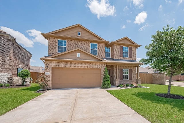 view of front of house featuring fence, brick siding, a garage, a front yard, and concrete driveway