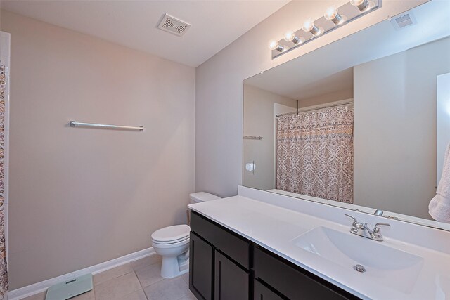 full bathroom featuring visible vents, tile patterned floors, toilet, and vanity