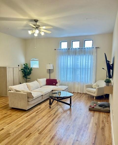 living room featuring a ceiling fan and wood finished floors