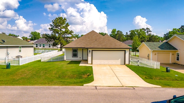 ranch-style house with an attached garage, a front lawn, fence, and concrete driveway