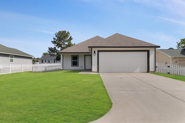 single story home featuring fence, roof with shingles, an attached garage, a front lawn, and driveway