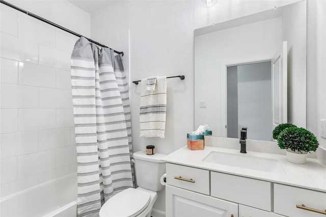 bathroom with vanity, shower / bathtub combination with curtain, and toilet