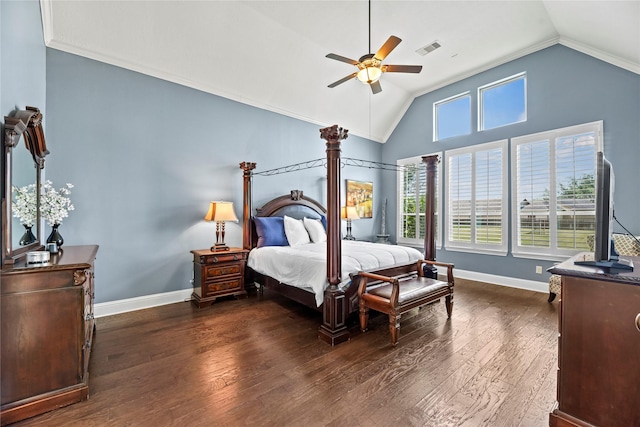 bedroom with baseboards, vaulted ceiling, hardwood / wood-style flooring, and visible vents