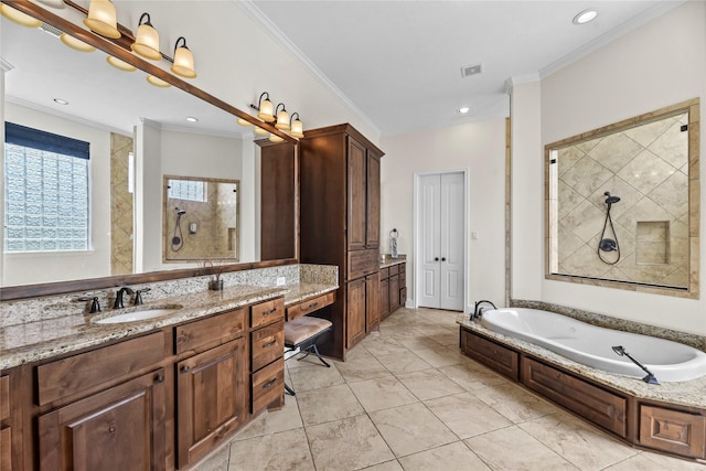 full bathroom featuring a bath, visible vents, crown molding, vanity, and tiled shower