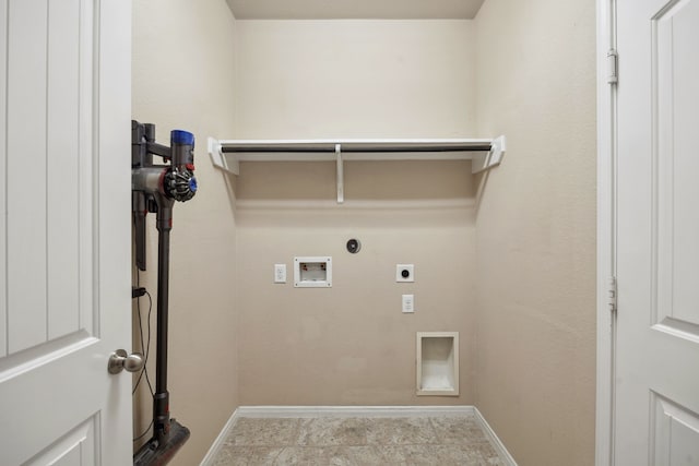 laundry room with washer hookup, laundry area, gas dryer hookup, baseboards, and electric dryer hookup