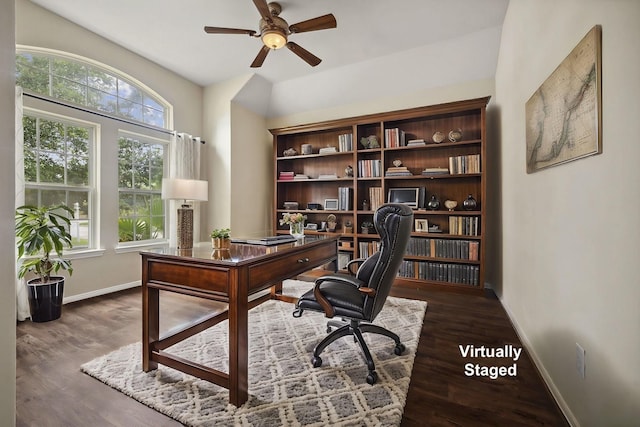 home office with baseboards, ceiling fan, and wood finished floors