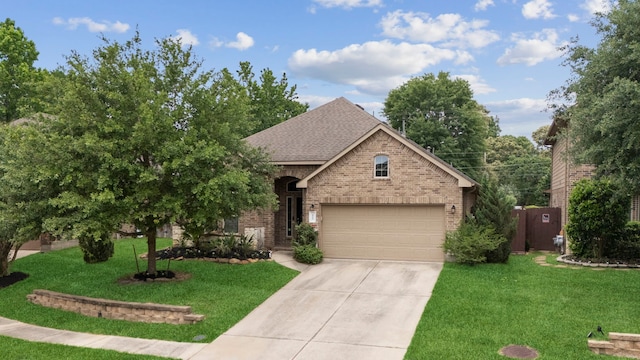 122 Jacobs Meadow Dr, Conroe, TX 77384 - view of front of house with brick siding, driveway, roof with shingles, a front yard, and an attached garage