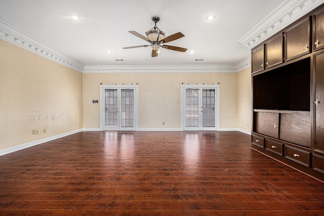 unfurnished living room with ceiling fan, hardwood / wood-style flooring, baseboards, ornamental molding, and recessed lighting