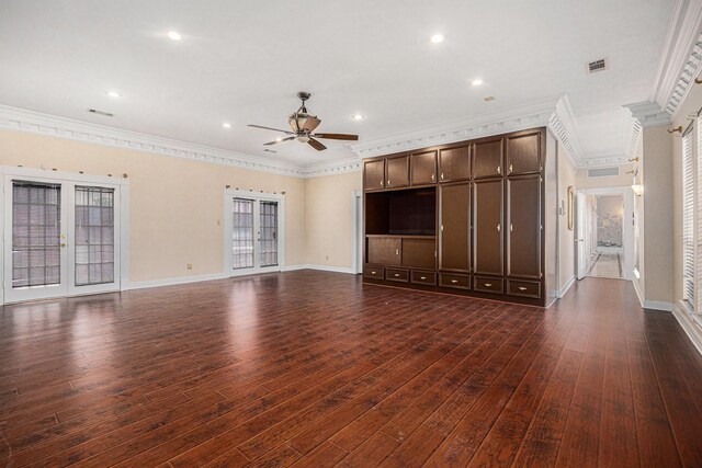 7415 Naremore Dr, Spring, TX 77379 - unfurnished living room with visible vents, ornamental molding, ceiling fan, recessed lighting, and dark wood finished floors