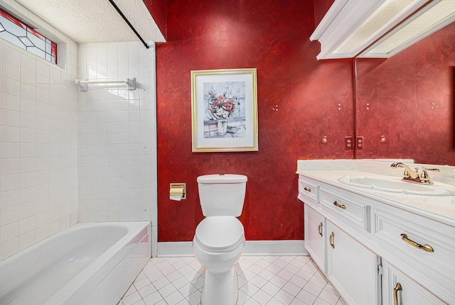 full bath featuring vanity, toilet, a textured ceiling, tile patterned floors, and  shower combination