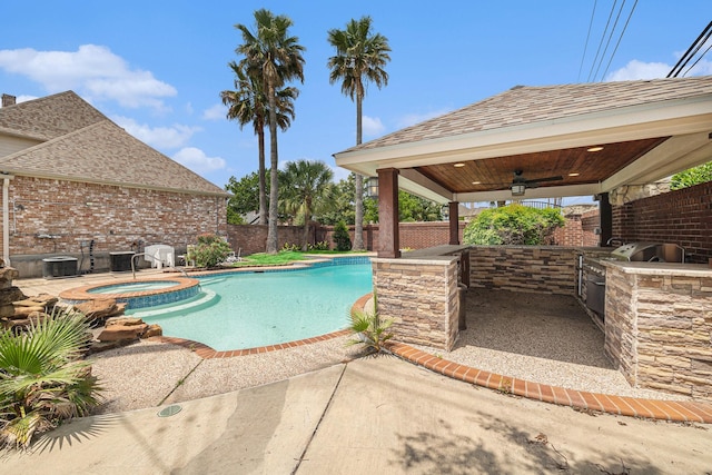 7415 Naremore Dr, Spring, TX 77379 - view of swimming pool with a fenced backyard, area for grilling, a ceiling fan, a patio area, and a gazebo
