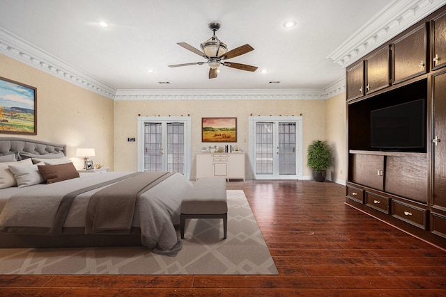7415 Naremore Dr, Spring, TX 77379 - bedroom featuring crown molding, dark wood-style flooring, baseboards, recessed lighting, and access to outside