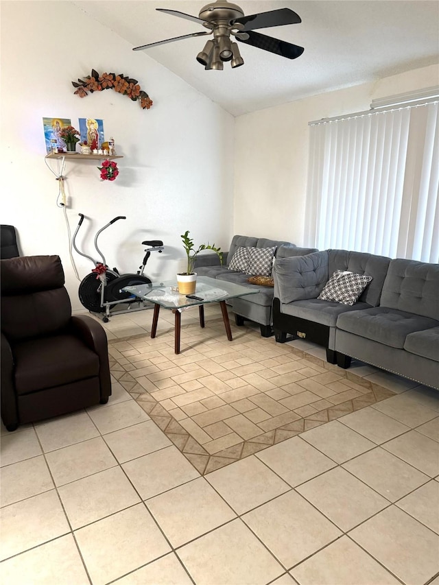 12606 Newbrook Dr, Houston, TX 77072 - living area with ceiling fan, vaulted ceiling, and light tile patterned floors