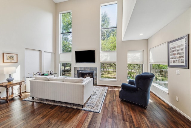 214 Sugarberry Cir, Houston, TX 77024 - living area with baseboards, a high ceiling, dark wood-style floors, and a fireplace