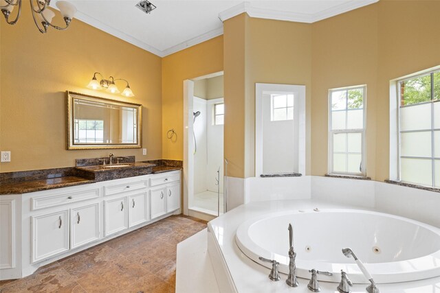 bathroom with a whirlpool tub, crown molding, vanity, and a shower stall