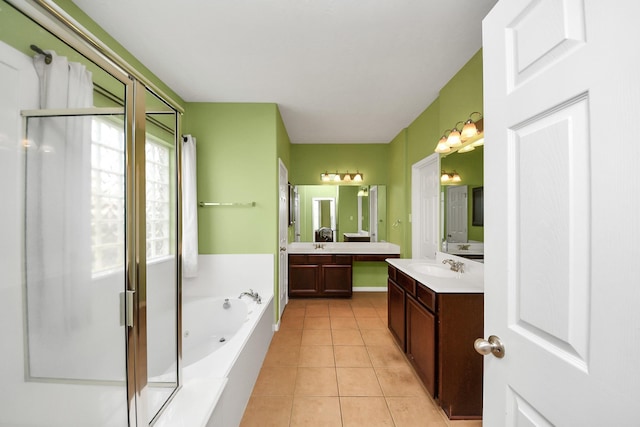 7603 Chimney Gap, Missouri City, TX 77459 - full bathroom featuring vanity, tile patterned floors, a garden tub, and a stall shower