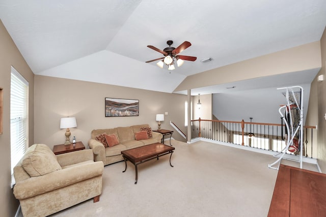 7603 Chimney Gap, Missouri City, TX 77459 - carpeted living area featuring ceiling fan, lofted ceiling, and visible vents