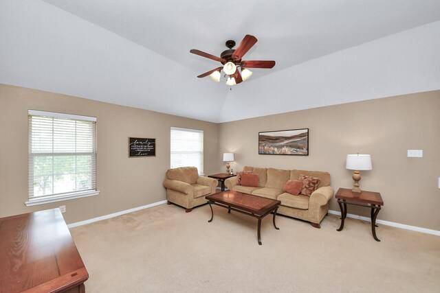 7603 Chimney Gap, Missouri City, TX 77459 - living room with baseboards, a ceiling fan, lofted ceiling, and light carpet