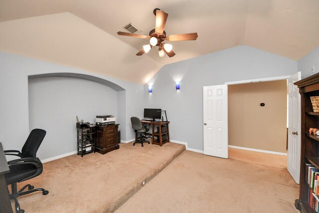 7603 Chimney Gap, Missouri City, TX 77459 - home office with light colored carpet, a ceiling fan, vaulted ceiling, and visible vents