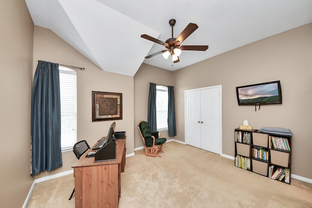 7603 Chimney Gap, Missouri City, TX 77459 - home office with baseboards, ceiling fan, light carpet, and a wealth of natural light