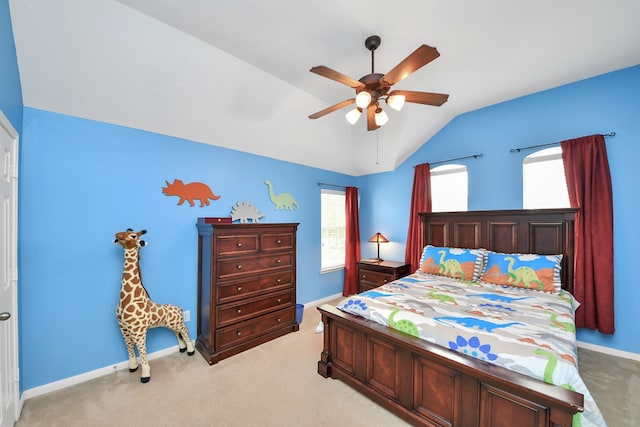 7603 Chimney Gap, Missouri City, TX 77459 - bedroom with baseboards, a ceiling fan, lofted ceiling, and light carpet