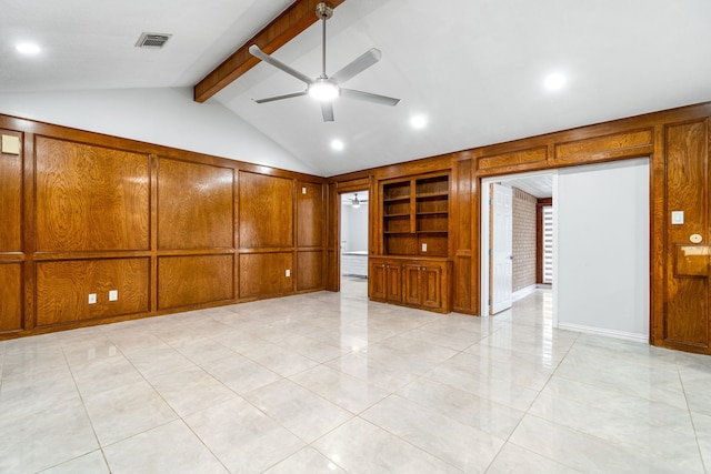 empty room with ceiling fan, visible vents, built in shelves, vaulted ceiling with beams, and recessed lighting