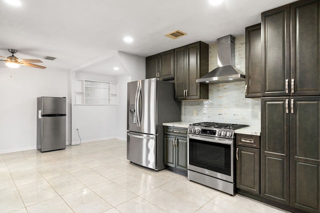 kitchen with visible vents, ceiling fan, wall chimney exhaust hood, backsplash, and stainless steel appliances