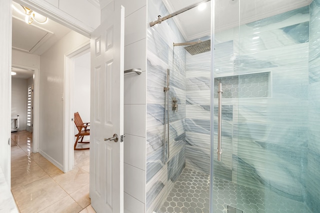 bathroom with tile patterned floors and a stall shower