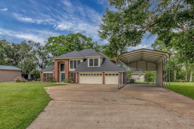 7739 County Road 684, Sweeny, TX 77480 - view of front of house featuring concrete driveway, brick siding, a front yard, and a carport