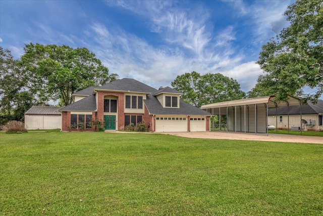 7739 County Road 684, Sweeny, TX 77480 - view of front facade featuring a garage, driveway, a front lawn, and brick siding