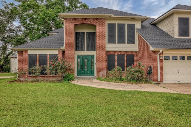 7739 County Road 684, Sweeny, TX 77480 - traditional-style house featuring brick siding, a garage, roof with shingles, and a front lawn