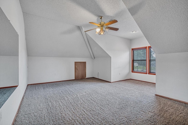7739 County Road 684, Sweeny, TX 77480 - bonus room featuring carpet floors, a ceiling fan, a textured ceiling, and vaulted ceiling