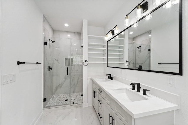 5013 Golden Forest Dr, Houston, TX 77091 - full bathroom featuring marble finish floors, a marble finish shower, baseboards, recessed lighting, and double vanity