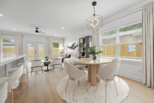 5013 Golden Forest Dr, Houston, TX 77091 - dining area with light wood finished floors, recessed lighting, french doors, ceiling fan, and baseboards