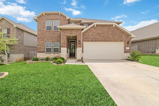 traditional-style home featuring an attached garage, stone siding, brick siding, a front yard, and driveway